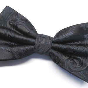 Mens Bowties Charcoal Gray Black Paisley Bow tie With Matching Pocket Square Option