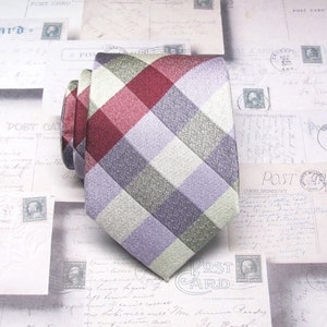 Mens Tie Lavender Purple Gray Raspberry Pink Plaid Necktie With Matching Pocket Square Option