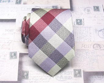 Mens Tie Lavender Purple Gray Raspberry Pink Plaid Necktie With Matching Pocket Square Option