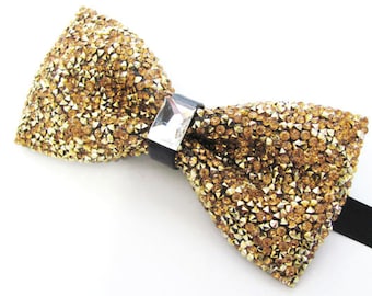 Mens Crystal Bow Tie Beaded Crystal Gold on Black Adjustable Pre Tied Bow Tie