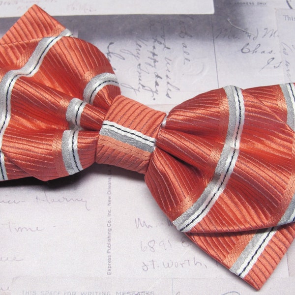 CLEARANCE SALE Diamond Tip Bow Tie Coral Pink Orange Gray White Stripe Bowtie With Matching Pocket Square