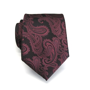 Mens Ties. Burgundy Maroon Black Paisley Necktie