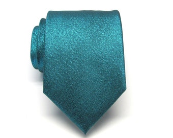 Mens Ties. Necktie Lamé Teal Metallic Tie with Matching Pocket Square Set