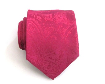 Mens Tie - Raspberry Fuchsia Paisley Silk Necktie With Matching Pocket Square Option