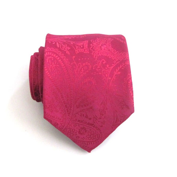 Mens Tie - Raspberry Fuchsia Paisley Silk Necktie With Matching Pocket Square Option