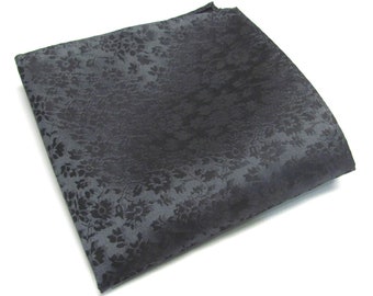 Pocket Square Black Dark Gray Floral Hanky Handkerchief