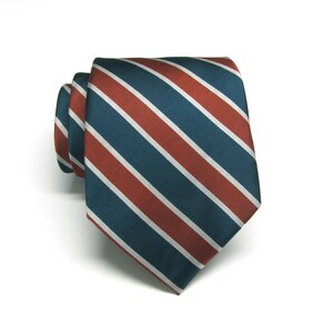 Mens Tie. Peacock Teal Green Rust Red Silver Stripes Mens Necktie