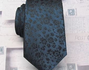FREE POCKET SQUARE Slim & Standard Sized Ties Dark Teal Black Floral Mens Silk Necktie Wedding Ties With Matching Pocket Square