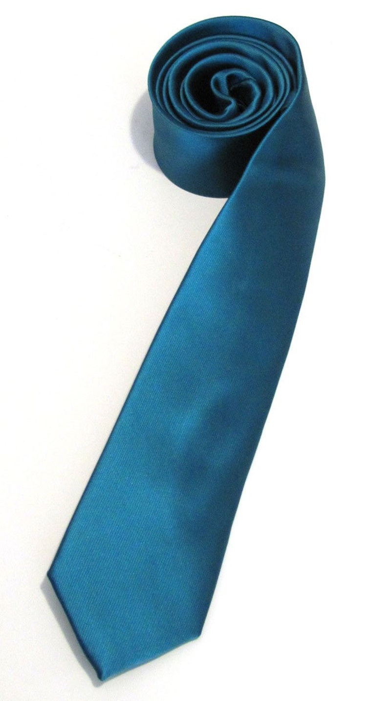 Mens Necktie Teal Silk Skinny Necktie With Matching Pocket Square Handkerchief Option image 3