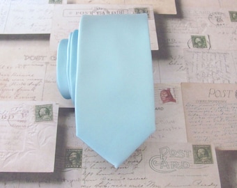 Celestial Blue Skinny Tie With Matching Pocket Square Set Pastel Blue Powder Blue Skinny Necktie Handkerchief Set