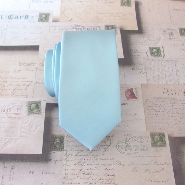 Celestial Blue Skinny Tie With Matching Pocket Square Set Pastel Blue Powder Blue Skinny Necktie Handkerchief Set