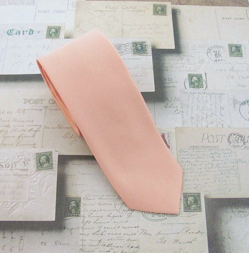 Peach Tie. Mens Tie Light Peach Skinny Tie With Matching Pocket Square Option image 2