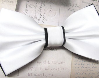 Mens Bow Ties. White Black Bow Tie. Wedding Bow Ties White and Black Bowtie With Matching Pocket Squares