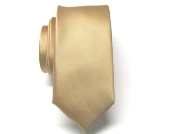 Mens Tie Dusty Gold Skinny Necktie With Matching Pocket Square Handkerchief Option