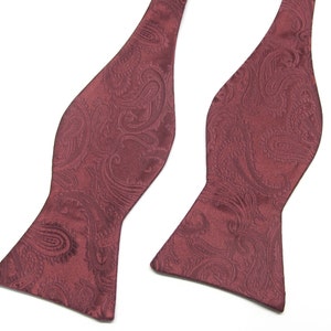 Free Style Mens Bow Tie. Burgundy Paisley Self Tie Bowties With Matching Pocket Square Option