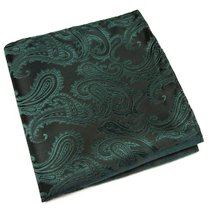 Pocket Square Dark Forest Juniper Green on Black Paisley Hanky Handkerchief