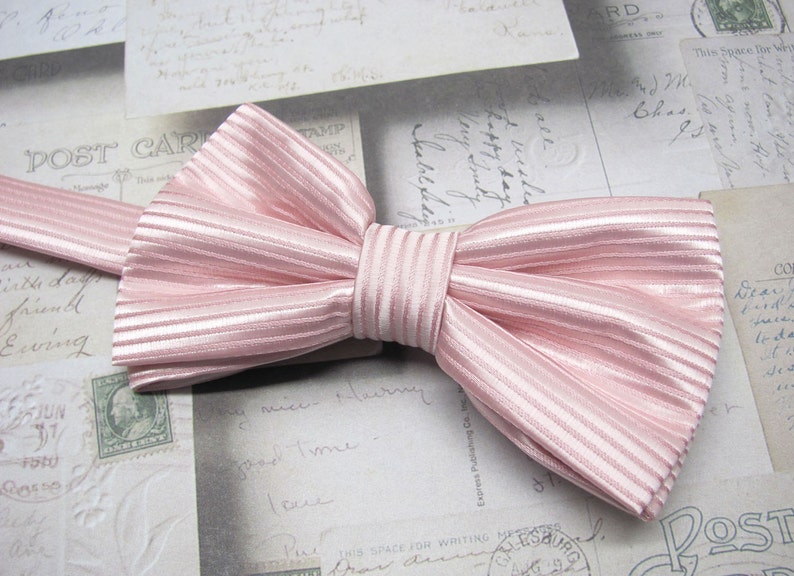 Mens Bowtie. Pale Pink Stripes Bowtie With Matching Pocket Square Option image 2