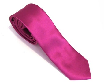 Mens Ties Fuchsia Pink Skinny Silk Necktie With Matching Pocket Square Handkerchief Option