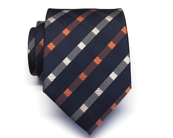Mens Ties Navy Blue Orange Plaid Mens Silk Necktie With Matching Pocket Square Option