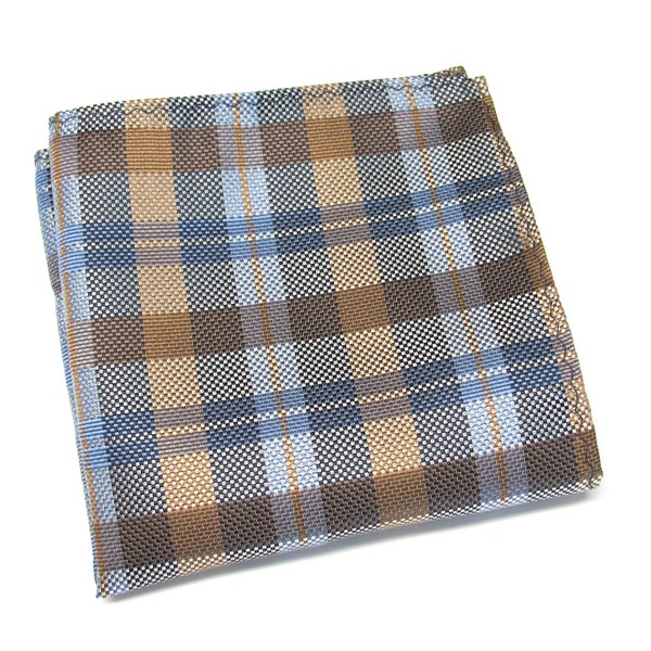 Pocket Square Blue Taupe Brown Plaid Hanky Handkerchief