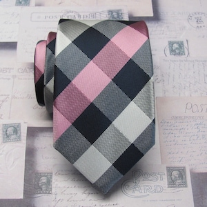 Pink Navy Blue Ivory Plaid Slim Modern Fit Necktie with Matching Pocket Square Option