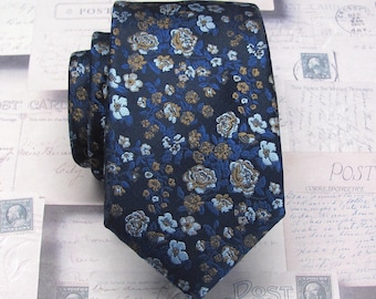NEW! Mens Ties Blue Brown Floral Necktie With Matching Pocket Square