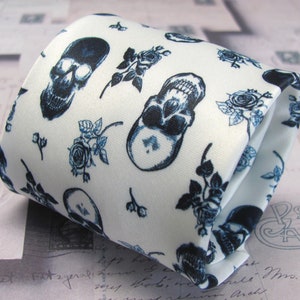 White Tie Blue Skull and Flower Design Necktie