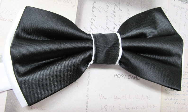 Mens Bow Ties. Black White Bow Tie. Wedding Bow Ties Black and White Bowtie With Matching Pocket Squares image 1