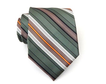 Mens Ties Necktie Green Brown Orange Stripes Mens Tie