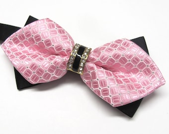 Mens Bowtie Pink Neat Pattern Jeweled Crystal Center Knot Bowtie With Black Pocket Square Option