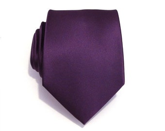 Mens Tie Eggplant Purple Silk Necktie With Matching Pocket Square Handkerchief