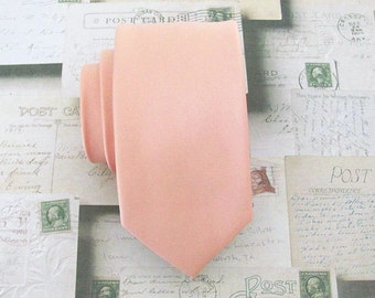 Peach Tie. Mens Tie Light Peach Skinny Tie With Matching Pocket Square Option