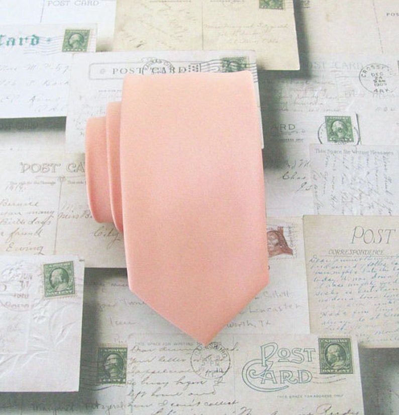 Peach Tie. Mens Tie Light Peach Skinny Tie With Matching Pocket Square Option image 1