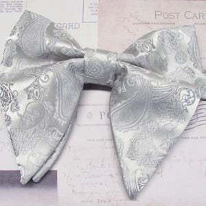 Silver Gray Paisley on Black Butterfly Bow Tie Tear Drop Long Pre tied Bow Tie With Matching Pocket Square Handkerchief