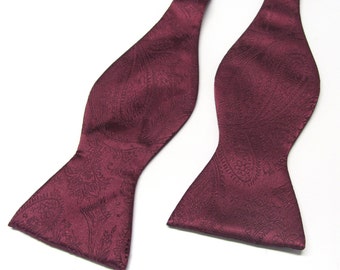 Free Style Mens Bow Tie. Burgundy Paisley Self Tie Bowtie With Matching Pocket Square Option