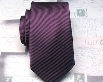 Mens Tie Eggplant Purple Stripe Skinny Necktie
