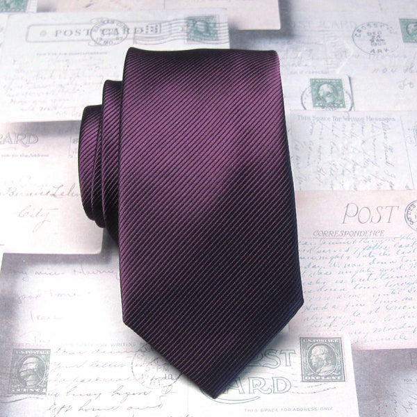 Mens Tie Eggplant Purple Stripe Skinny Necktie