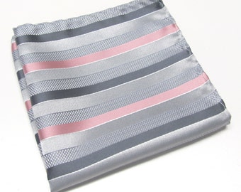 SALE Pocket Square Silver Gray Dusty Rose Pink Stripes Hanky
