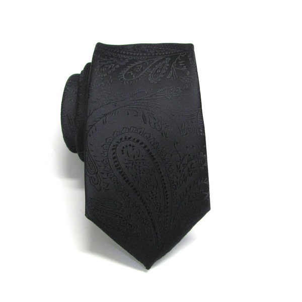 Skinny Tie. Men's Tie Black Paisley Skinny Mens Ties With Matching Pocket Square Option