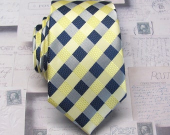 Mens Tie Yellow Navy Blue Silver Checkers Slim Modern Fit Necktie with Matching Pocket Square Option