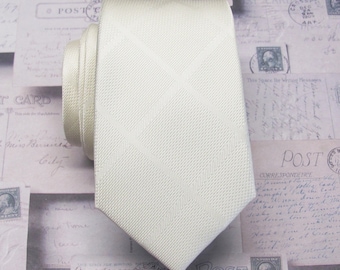 Ivory Cream Plaid Slim Modern Fit Necktie with Matching Pocket Square Option. Wedding Ties.