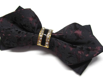 Mens Bowtie Burgundy Black Floral Jeweled Crystal Center Knot Bowtie With Black Pocket Square Option