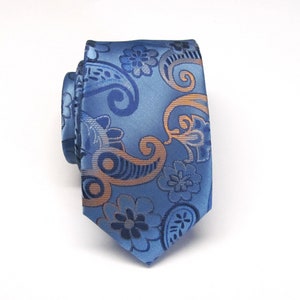 Mens Narrow Tie Blue and Orange Paisley Mens Necktie
