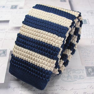 Knit Tie Blue Taupe Striped Knitted Mens Necktie