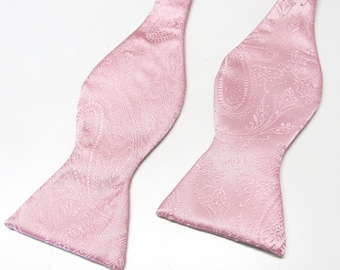 Free Style Mens Bow Tie. Dusty Pink Paisley Self Tie Bowtie With Matching Pocket Square Option