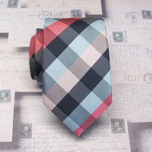 Raspberry Pink Navy Blue Light Blue Blush Checkers Slim Modern Fit Necktie with Matching Pocket Square Option