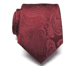 Mens Tie. Burgundy Paisley Mens Necktie With Matching Pocket Square Option