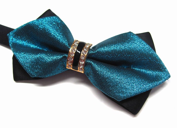 Mens Bowtie Teal Blue Jeweled Crystal Center Knot Bowtie With Black Pocket Square Option