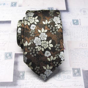 Brown Silver Ivory Floral Mens Necktie With Matching Pocket Square Option