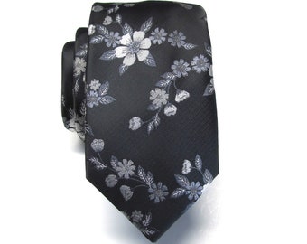 Mens Ties Black Gray Silver Floral Mens Necktie With Matching Pocket Square Option